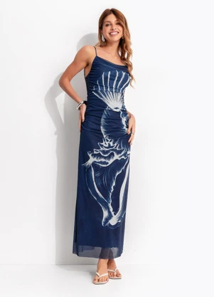 Farm - Vestido Tule Maxi Conchas Azul - FARM