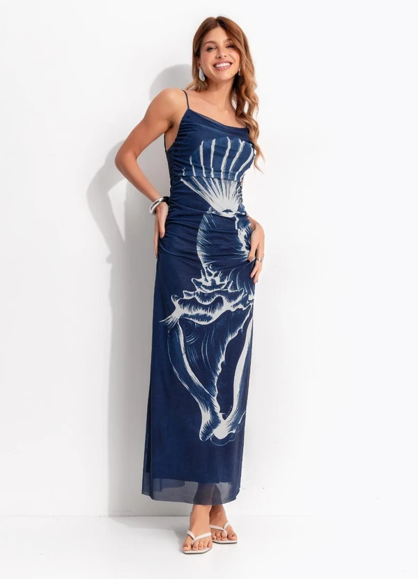 Farm - Vestido Tule Maxi Conchas Azul