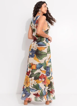 Farm - Vestido Tule Reto Tropicalzinho Bege - FARM