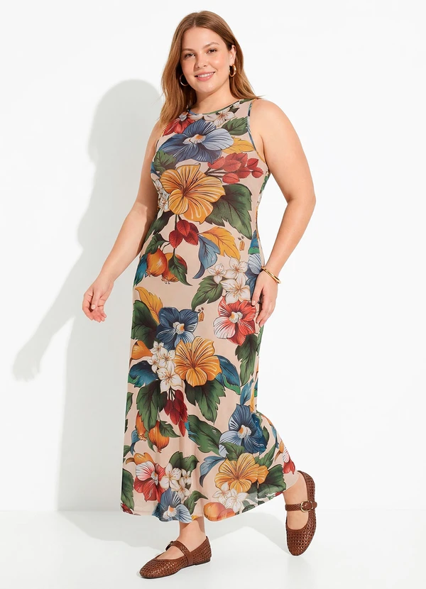 Farm - Vestido Tule Reto Tropicalzinho Bege