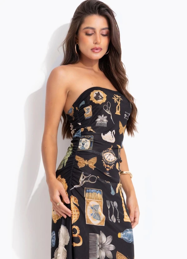 Farm - Vestido Tule sem Alça Bibelo Preto 3