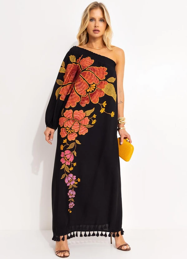 Farm - Vestido um Ombro Só Madalena Preto