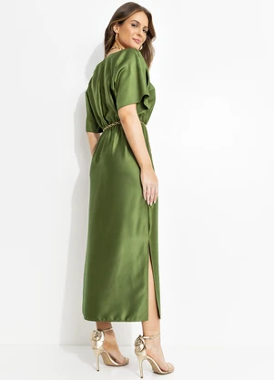 Quintess - Vestido Midi Acetinado Verde com Manga Morcego e Elástico na Cintura - QUINTESS