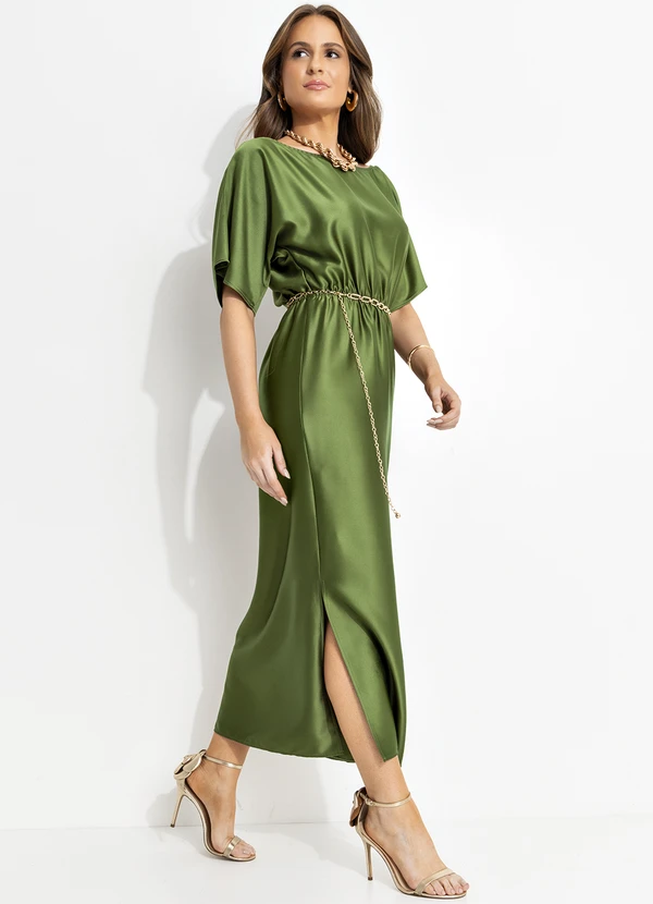 Quintess - Vestido Midi Acetinado Verde com Manga Morcego e Elástico na Cintura 3