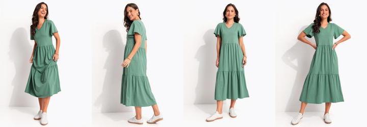 Vestido Midi Verde em Malha de Algod�o Soltinho com Camadas