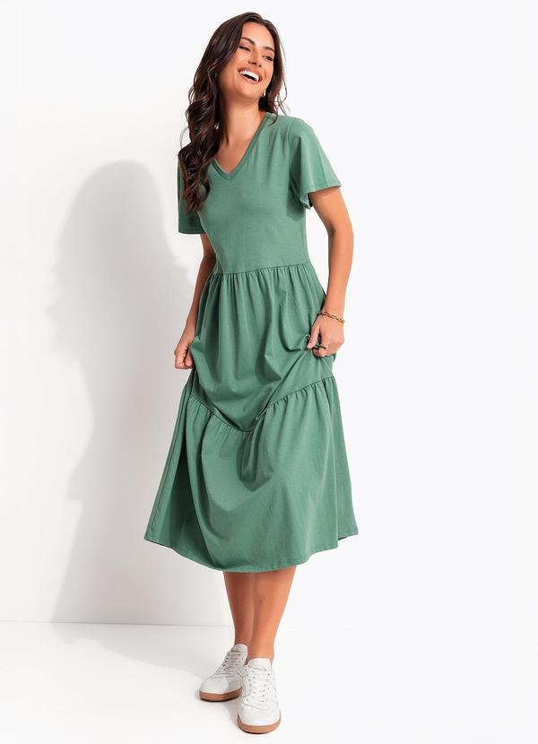 Vestido Midi Verde em Malha de Algod�o Soltinho com Camadas