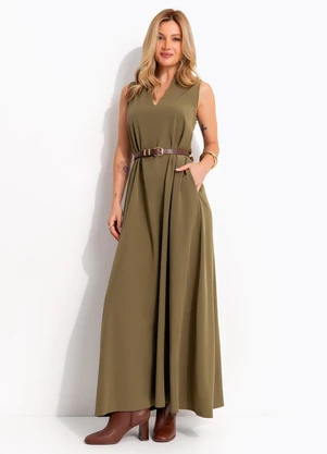Quintess - Vestido Longo Evasê Verde Oliva com Bolsos e Gola Padre - QUINTESS