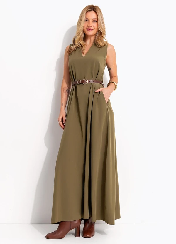 Quintess - Vestido Longo Evasê Verde Oliva com Bolsos e Gola Padre