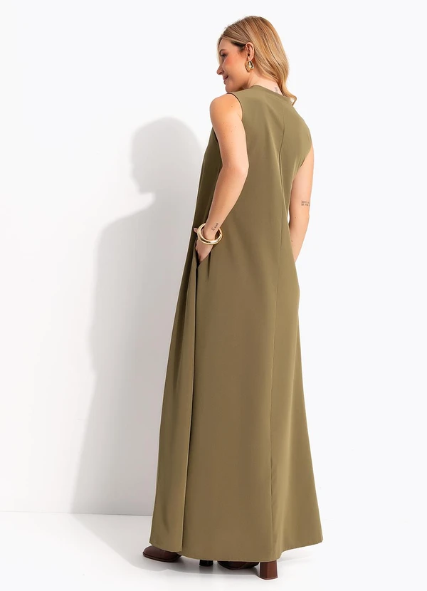 Quintess - Vestido Longo Evasê Verde Oliva com Bolsos e Gola Padre 2