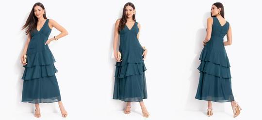 Vestido Longo Verde Petr�leo em Chiffon com Babados em Camadas e Decote V