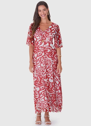 Malwee - Vestido Vermelho Amplo Abstrato em Tule - MALWEE