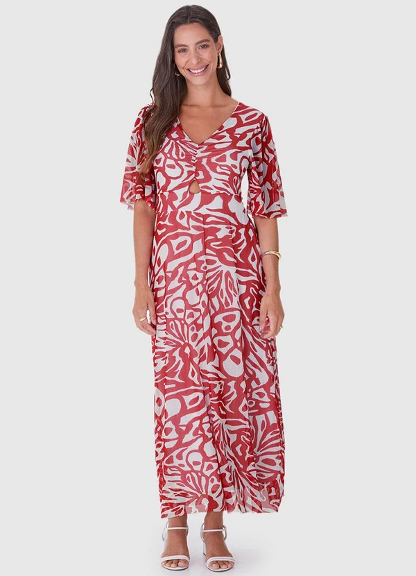 Malwee - Vestido Vermelho Amplo Abstrato em Tule