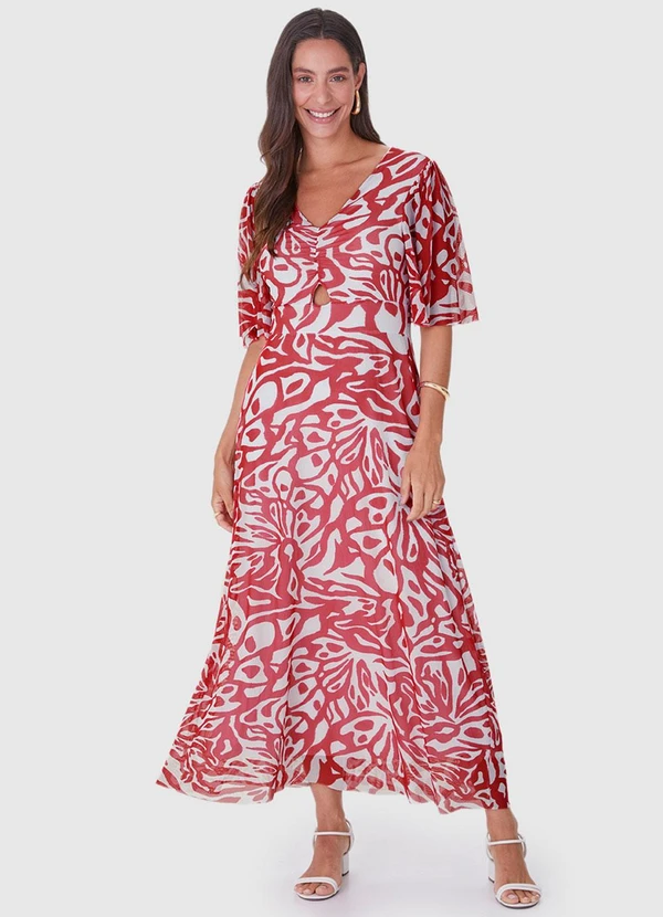 Malwee - Vestido Vermelho Amplo Abstrato em Tule 3