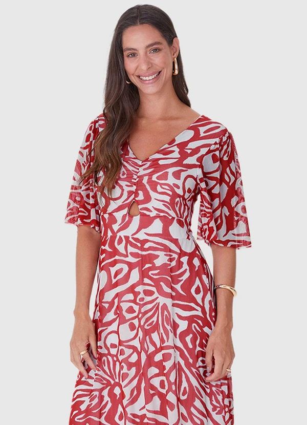Malwee - Vestido Vermelho Amplo Abstrato em Tule 4