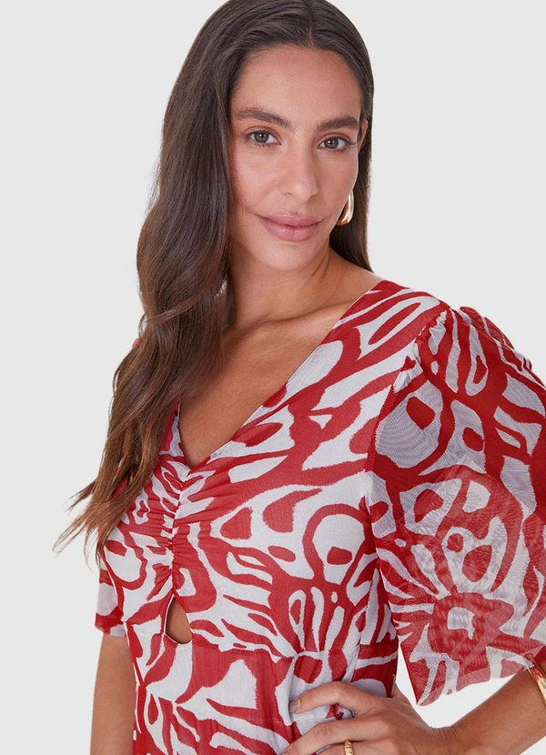 Malwee - Vestido Vermelho Amplo Abstrato em Tule 5