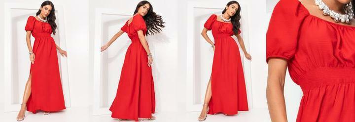 Vestido Vermelho Decote Quadrado e Fenda na Saia