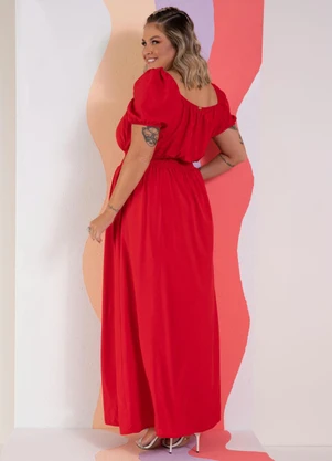 Quintess - Vestido Vermelho Decote Quadrado e Fenda na Saia - QUINTESS