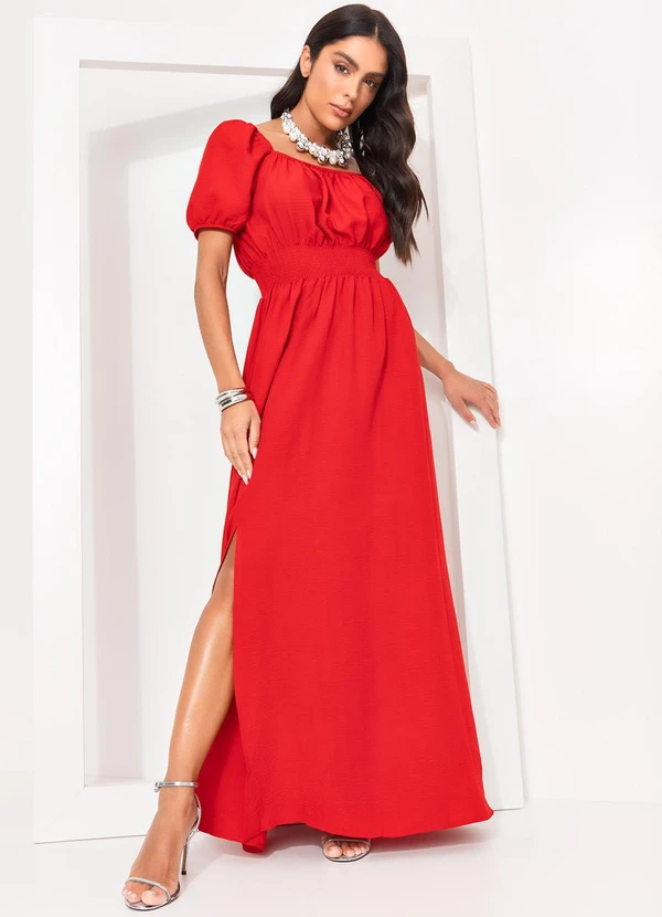 Quintess - Vestido Vermelho Decote Quadrado e Fenda na Saia