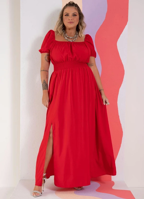 Quintess - Vestido Vermelho Decote Quadrado e Fenda na Saia 10