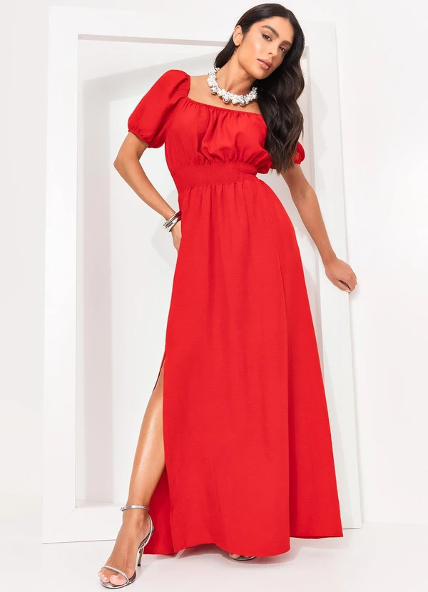 Quintess - Vestido Vermelho Decote Quadrado e Fenda na Saia 3
