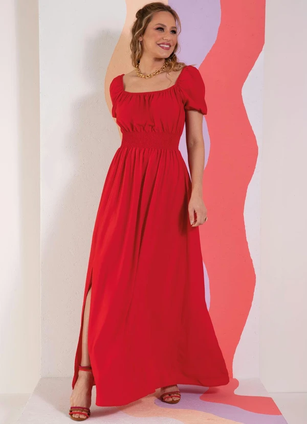 Quintess - Vestido Vermelho Decote Quadrado e Fenda na Saia 5