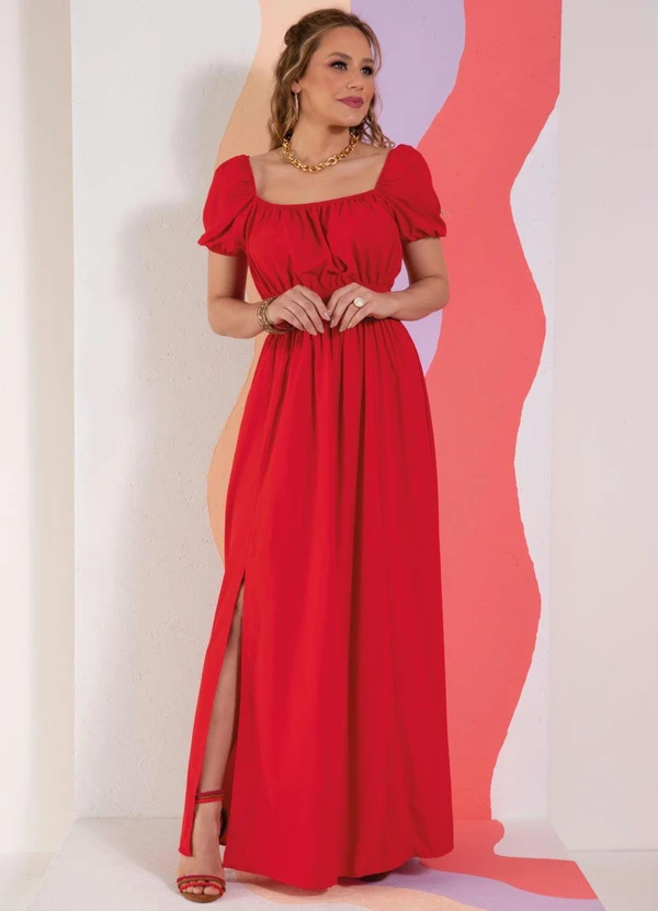 Quintess - Vestido Vermelho Decote Quadrado e Fenda na Saia 7