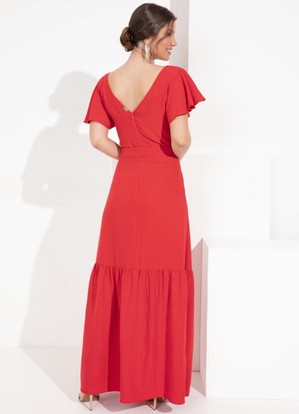 Vestido Vermelho Mangas Curtas Godê e Babado Queima de Estoque