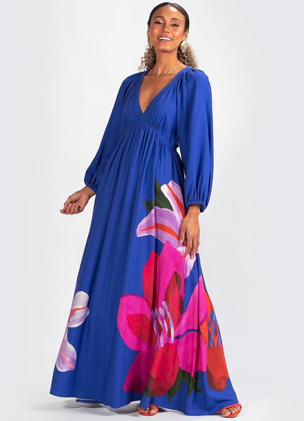 Farm - Vestido Viscose Aquarela Floral Azul