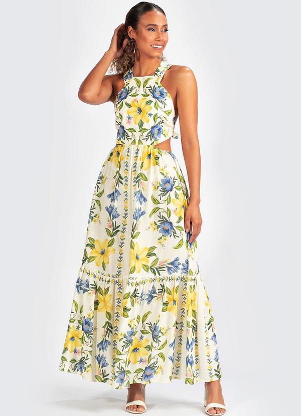 Farm - Vestido Viscose Flor de Sol Bege