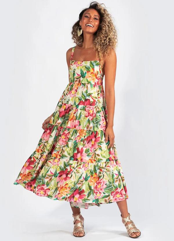 Farm - Vestido Viscose Floral Pintado Bege