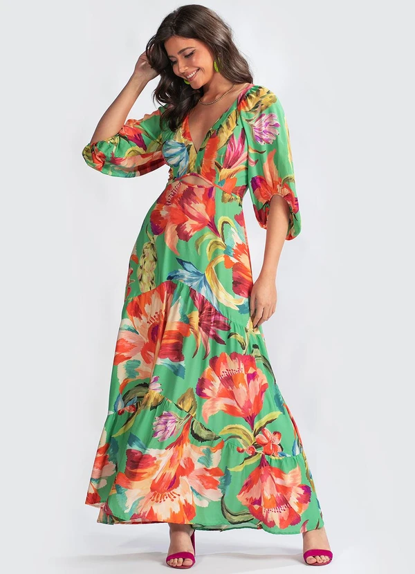 Farm - Vestido Viscose Tropicarte Verde