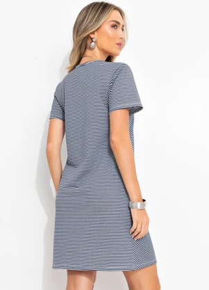Bimini - Vestido Azul Marinho em Meia Malha Listrada - BIMINI