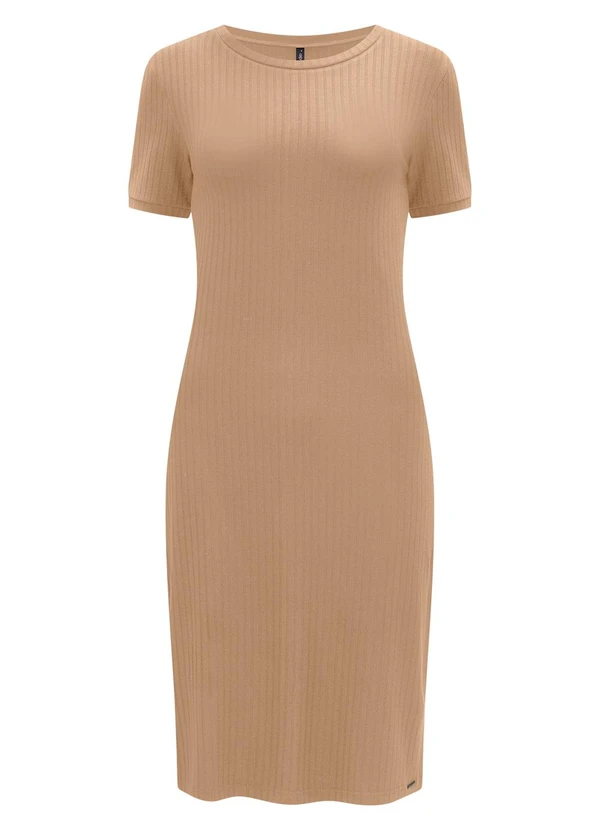 Lunender - Vestido Básico de Mangas Curtas Canelada Bege 5