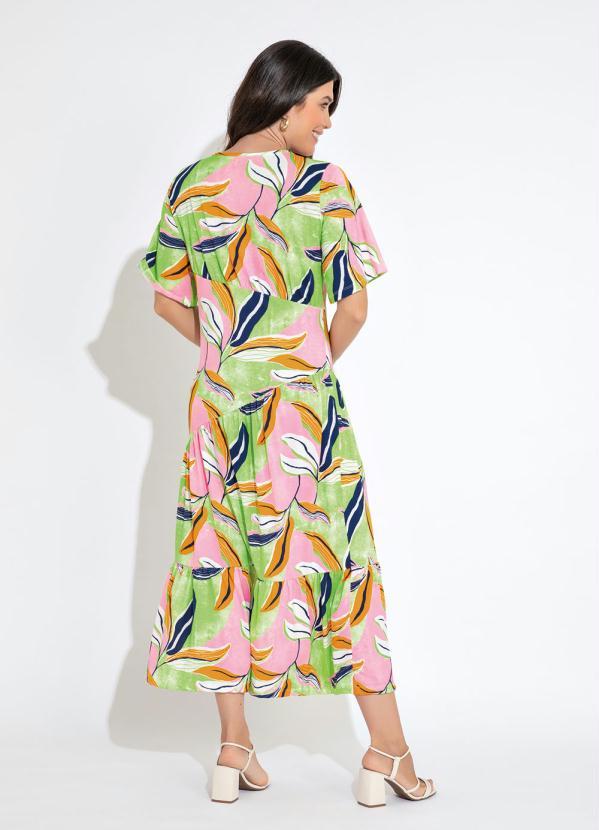 Outlet - Vestido com Babado Decote V Folhagem Rosa 2