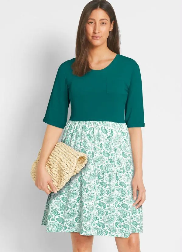 bonprix - Vestido com Bolsinho Paisley Verde