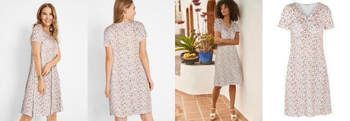 Vestido com Drapeado Manga Curta Floral Bege