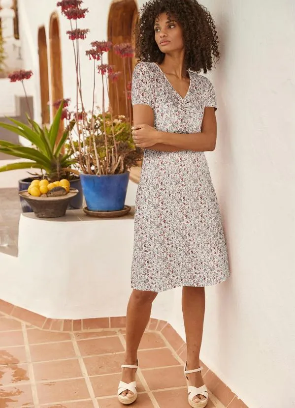 bonprix - Vestido com Drapeado Manga Curta Floral Bege