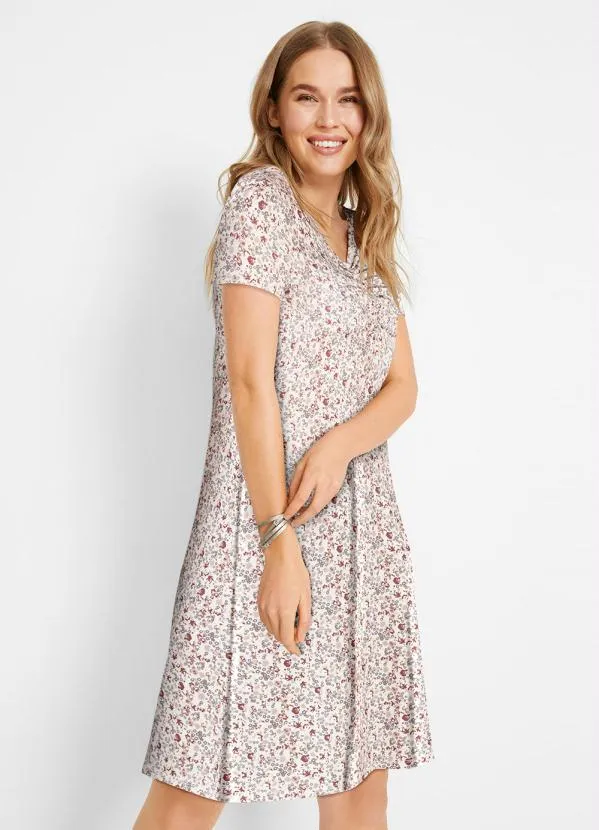 bonprix - Vestido com Drapeado Manga Curta Floral Bege 4