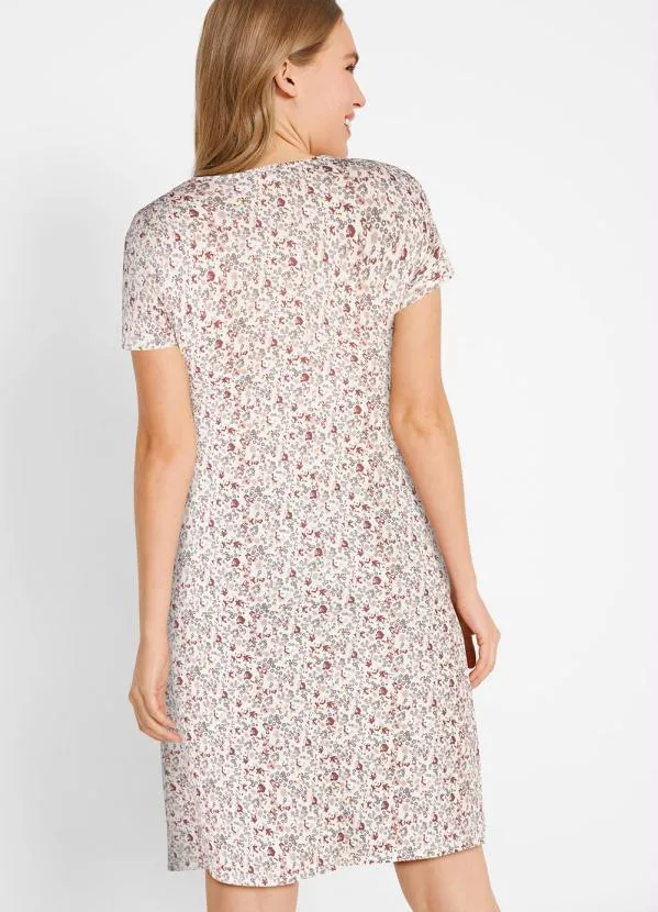 bonprix - Vestido com Drapeado Manga Curta Floral Bege 3