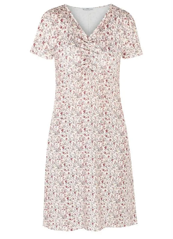 bonprix - Vestido com Drapeado Manga Curta Floral Bege 2