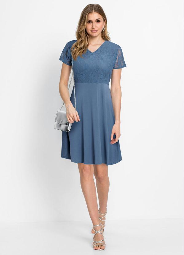 Outlet - Vestido com Renda Manga Curta Azul Claro 4