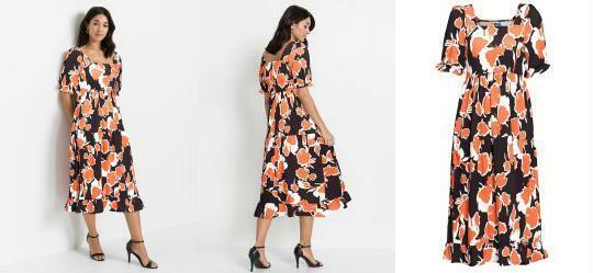 Vestido Decote Quadrado Floral Laranja