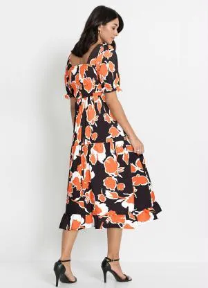 bonprix - Vestido Decote Quadrado Floral Laranja - BONPRIX