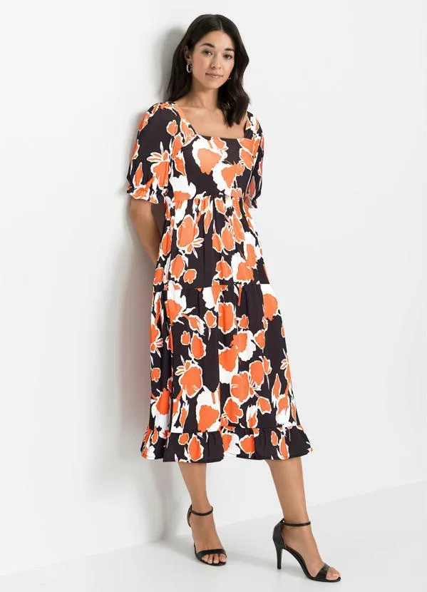 bonprix - Vestido Decote Quadrado Floral Laranja