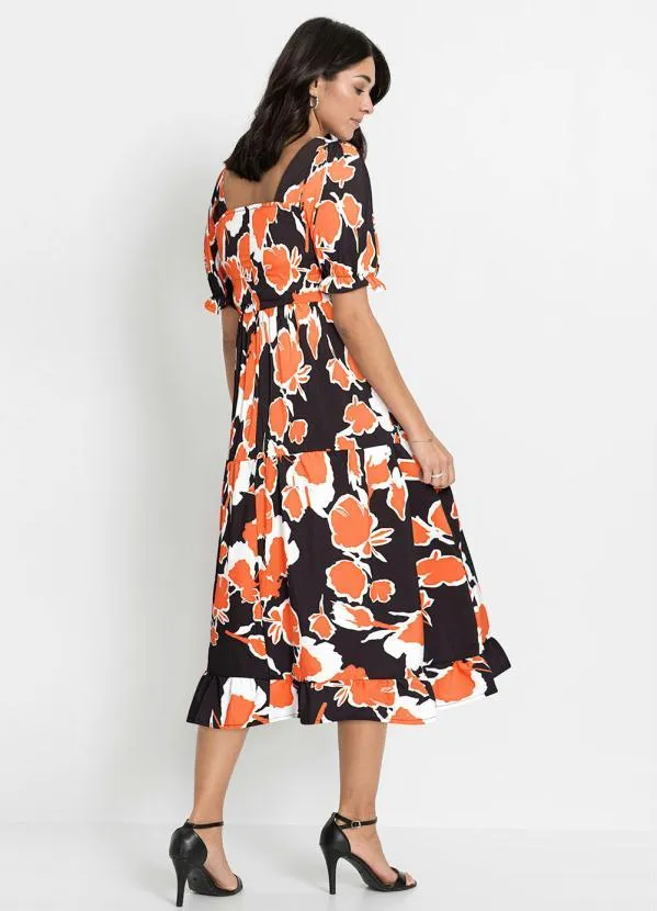bonprix - Vestido Decote Quadrado Floral Laranja 2