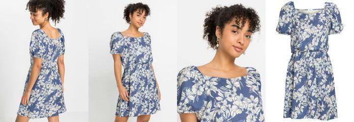 Vestido Decote Quadrado Folhagem Azul