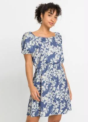 bonprix - Vestido Decote Quadrado Folhagem Azul - BONPRIX