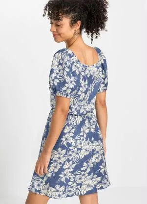 bonprix - Vestido Decote Quadrado Folhagem Azul - BONPRIX