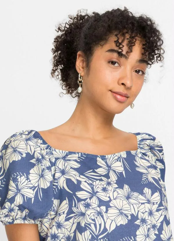 bonprix - Vestido Decote Quadrado Folhagem Azul 3