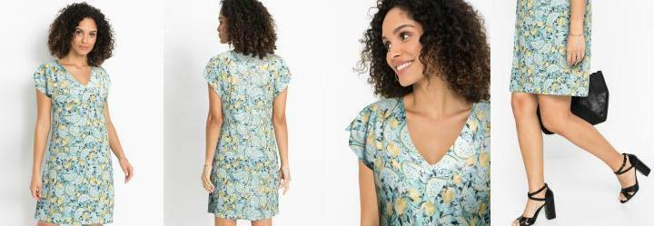 Vestido Decote V Manga Curta Amarelo e Azul